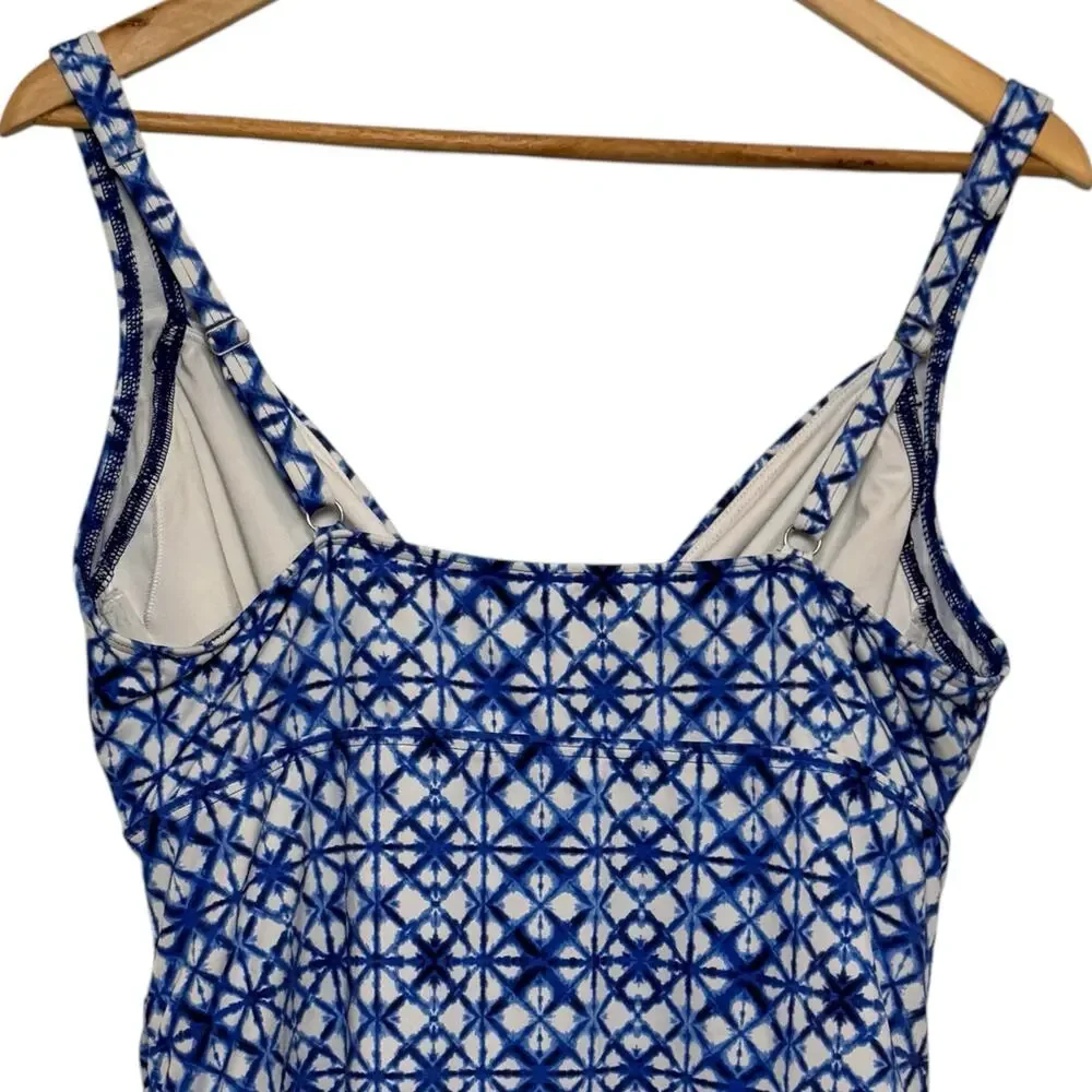 Lands End Blue White Tile Print Size 14 Adjustable Strap Tankini Top